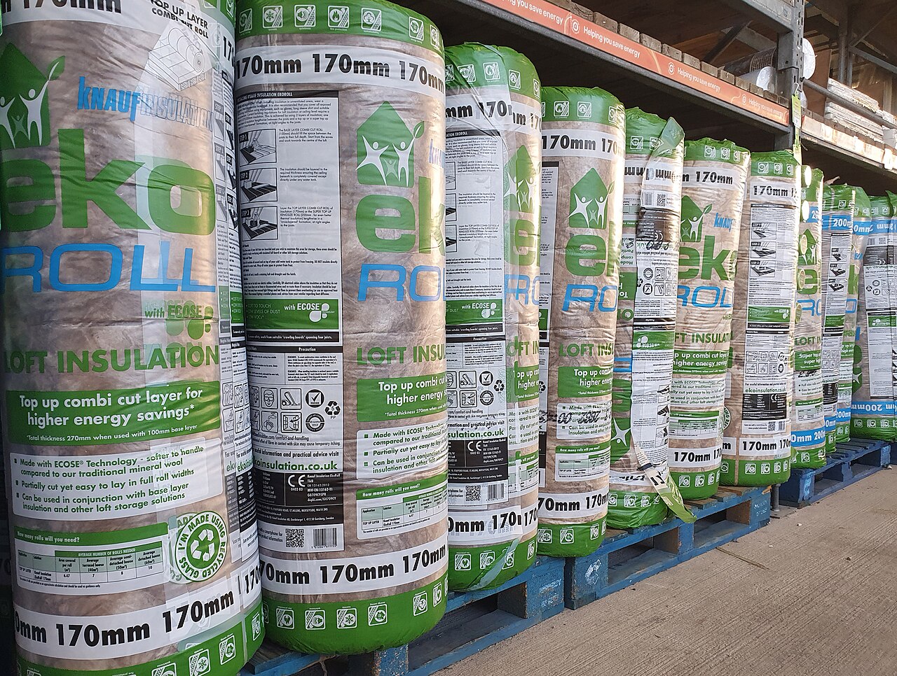 Rolls of loft insulation on sale in a UK store